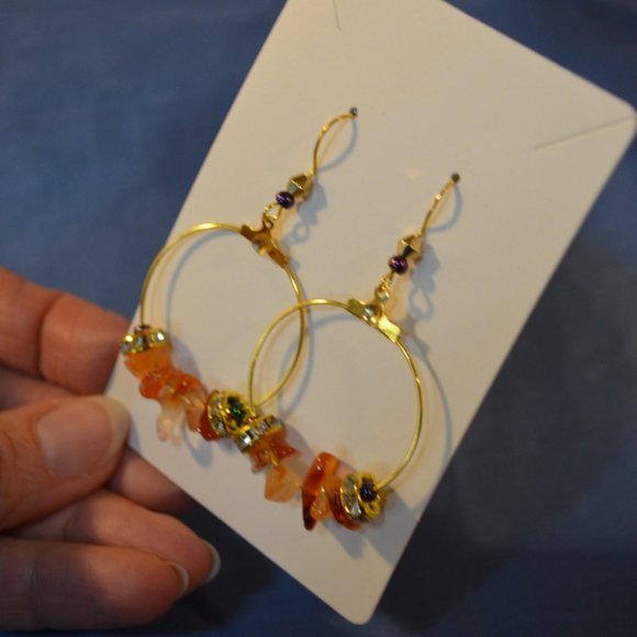 Handmade Natural Gem Stones Beads Plated Gold Hanging Earrings (2.5") - Picture 2 of 4